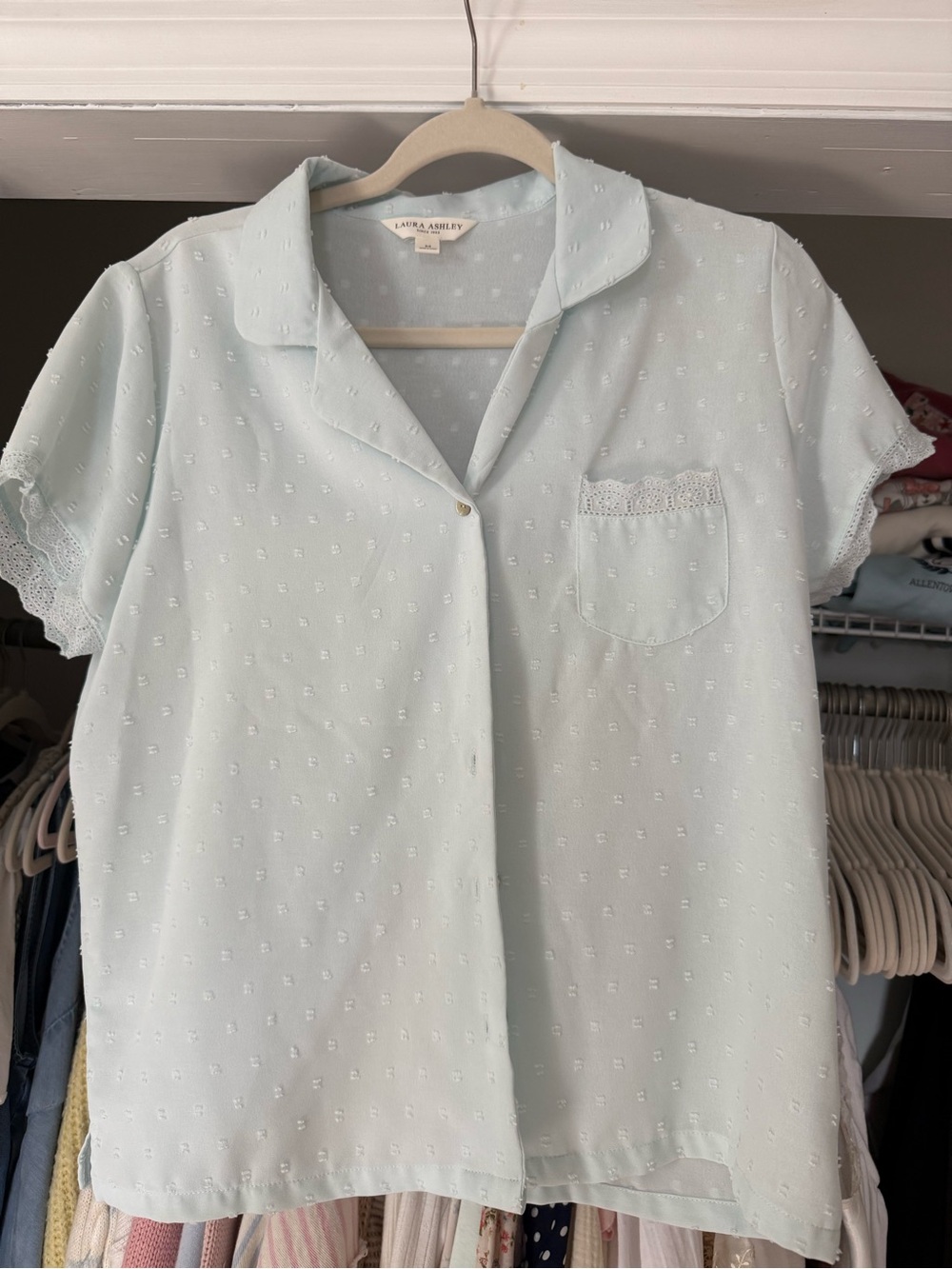 Laura Ashley Pale Blue Short Sleeve Embroidered Button-Front Top